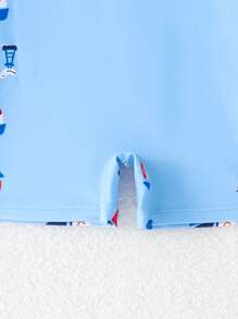 SHEIN 男婴可爱卡通帆船图案长袖连体泳衣带遮阳帽，适合海滩、冲浪、游泳、旅行和度假