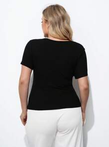 Maija Camiseta de mujer de talla grande de unicolor con diseño calado de manga corta ajustada, camiseta de moda de verano para mujer, vacaciones, playa, casual, salir, bohemia, oficina, festival para rave, Hawái - Negro - Ver 2