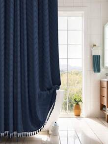 SHEIN 1 件波西米亚纯色编织面料浴帘，包含 12 个挂钩，可机洗针织窗帘，流苏 72 英寸 X 72 英寸现代农舍极简主义，毛绒复古纹理，浴室防水浴帘，酒店装饰家居浴室装饰夏季浴室配件 - 彩色 - 查看 15