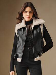 Anewsta 女士休闲拉链背心夹克，带毛领，适合秋冬季日常穿着 - 黑與白 - 查看 8