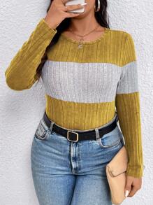 EMERY ROSE Plus Size Contrast Color Round Neck Ribbed Long Sleeve Casual T-Shirt Graphic Tees Women Tops For Spring Fall - Multicolor - View 6