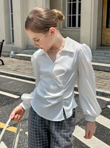 少女优雅纯色灯笼袖衬衫 - 白色 - 查看 7
