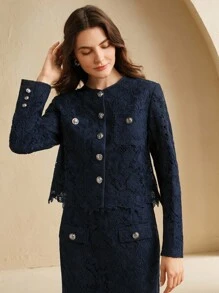Anewsta Áo khoác ngắn màu trơn, ren tan trong nước, túi nút kim loại, phong cách Hàn Quốc cổ điển, trang trọng, phù hợp cho giáo viên, mùa thu/đông - Màu xanh hải quân - Xem 3