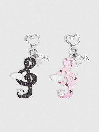 Anime 2pcs Y2K Style Music Note & Star Decor Keychains, Subculture Polka Dot Black Music Note Bag Charms, Suitable For Back To School Season Teenagers & Students Keychain Accessories