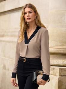 EMERY ROSE Contrast Trim Blouse - Khaki - View 5