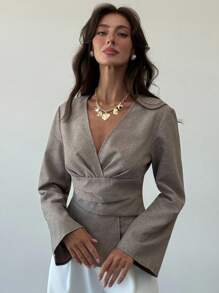 Aloruh New Stylish Commuter Waist Ruched Asymmetric Hem Long Flare Sleeve V-Neck Pullover Blouse,Fall Tops,Elegant Women's Blouses