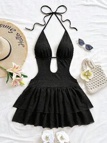 Soleia 奶油黄色女士度假复古扎染印花深 V 领露背系带双荷叶边下摆腰部收紧迷你连衣裙，适合派对、性感、约会、下午茶、街头、城市度假、音乐节、海滩、夏季 - 黑色 - 查看 7