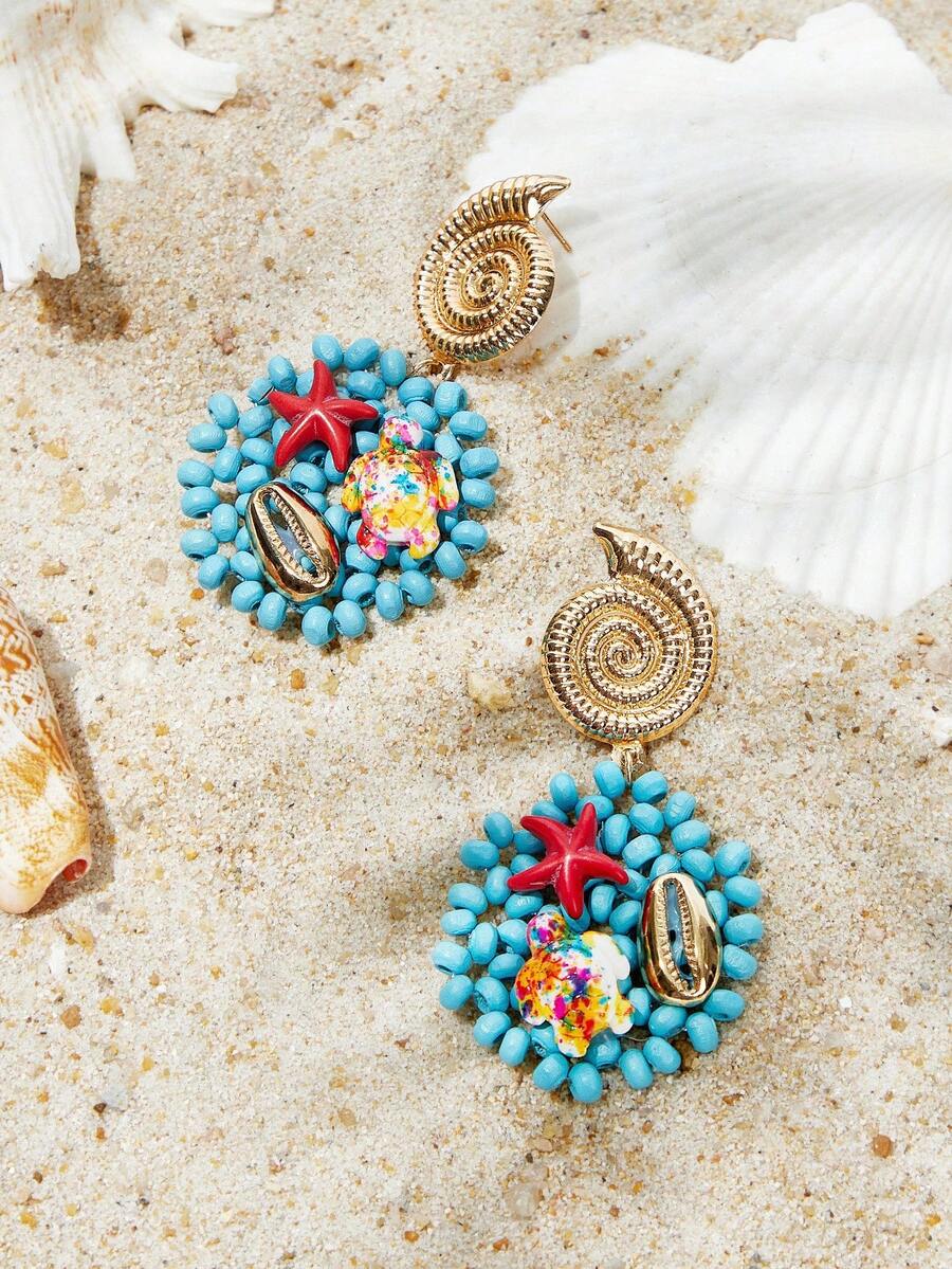 SHEIN SXY 波西米亚风格手工串珠耳环，饰有海龟和贝壳图案