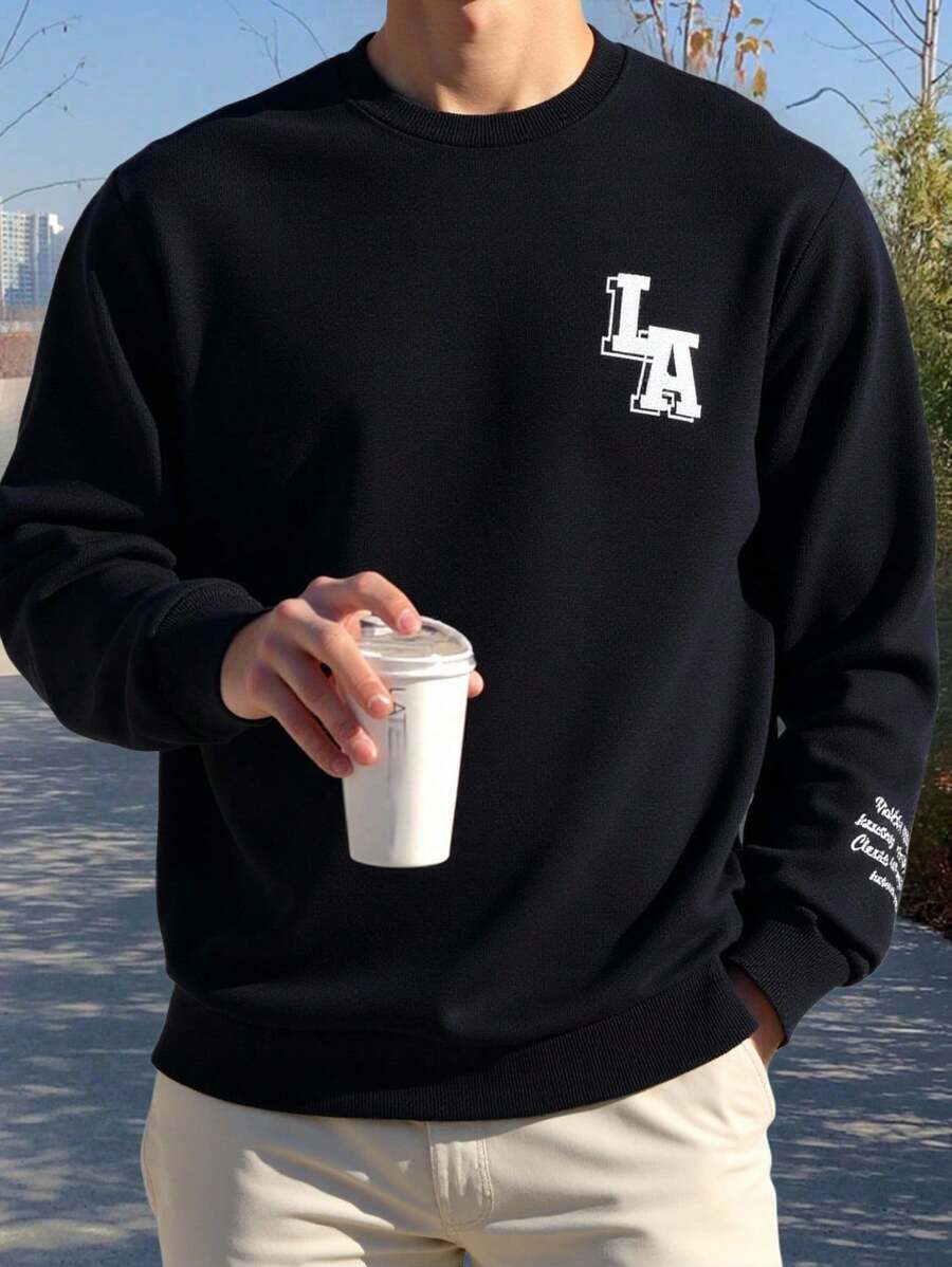 EURMUSE Men Cottonline Letter Printed Crew Neck Regular Sweatshirt - Black - View 1