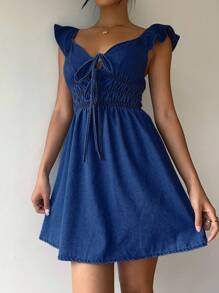 Aloruh 女士牛仔迷你连衣裙，休闲修身，蓝色 - 中等水洗藍 - 查看 4