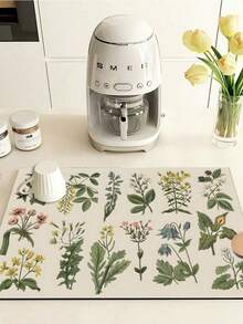 SHEIN 1 Stück Kräuter bedruckter Abtropfmatte, saugfähige Arbeitsplatte Matte für Küche, Badezimmer Waschtisch Abtropfmatte, Wasserdurchlässige Matte für Wasserhahn, Toilettenhocker Untersetzer, Toilette Spritzschutz Matte, Küchen- und Badezimmer Zubehör, geeignet als Abtropfmatte für Küche, Spüle, Tisch, Kaffeemaschine Tropfschale