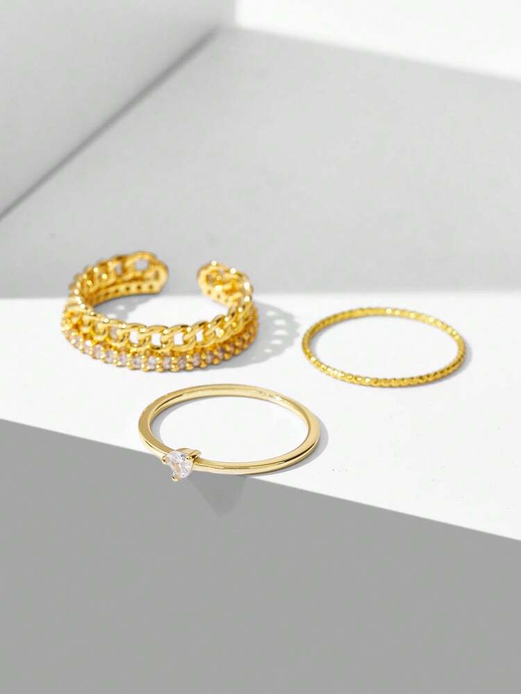 3 PEÇAS/CONJUNTO ANEL CONJUNTO INCRUSTADO DE ZIRCÔNIA CÚBICA BANHADO A OURO 18K