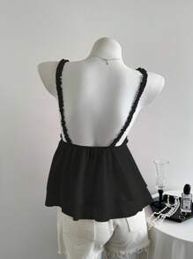 Flirla Black Elegant V-Neck Ruffle Trim Chiffon Layered Cami Top, For Going Out - Black - View 2