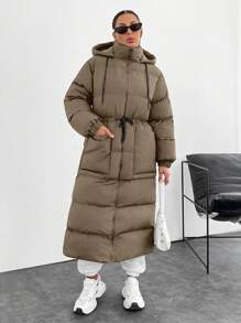 SHEIN Cottnline Waterproof, Keep Warm Feature, Double Colored Drawstring Detailed, Puffer Wintercoat - Beige - View 3