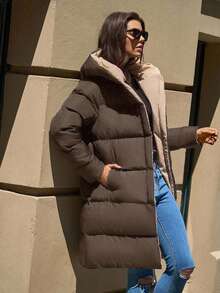EURMUSE Women's Two-Tone Hooded Pocket Zip-Up Mid-Length Winter Jacket - Mocha Brown - View 3