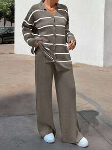 EURMUSE Women Striped Sweater Cardigan And Pant Set,Co Ord,Winter Clothes - Mocha Brown - View 7