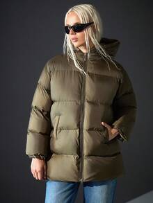 SHEIN Cottnline Long Padded Winter Coat, Front Zipper Closure Quilted Side Pockets Coat, Warm And Lightweight, Casual Winter Outerwear, Waterproof Fabric Puffer Coat - Khaki - View 4