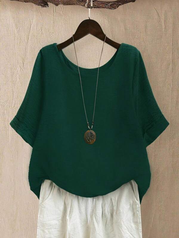 EMERY ROSE Plus Size Women Casual/Daily/Outgoing Round Neck Comfortable Simple Pullover Top, Spring/Summer, Dark Green