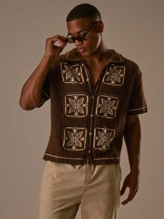 Musero 针织钩花图案纽扣短袖开衫仅限春夏假期复活节