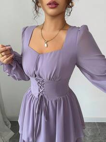 Modelyn French Design Tie-Up Cake Dress Fall Cloth For Women - Purple - View 6