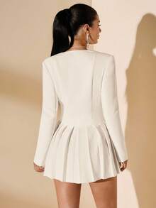 SHEIN BAE 女式优雅褶皱连衣裙，深 V 领，翻领，前襟纽扣，长袖，纯白色，夏季 - 杏色 - 查看 2