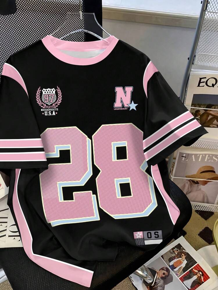 Manfinity Dauomo Maglietta da uomo in stile college, casual e semplice, con stampa retrò a pois e combinazione di numeri e lettere, dal sapore sportivo e da strada - Multicolore - Visualizzare 1