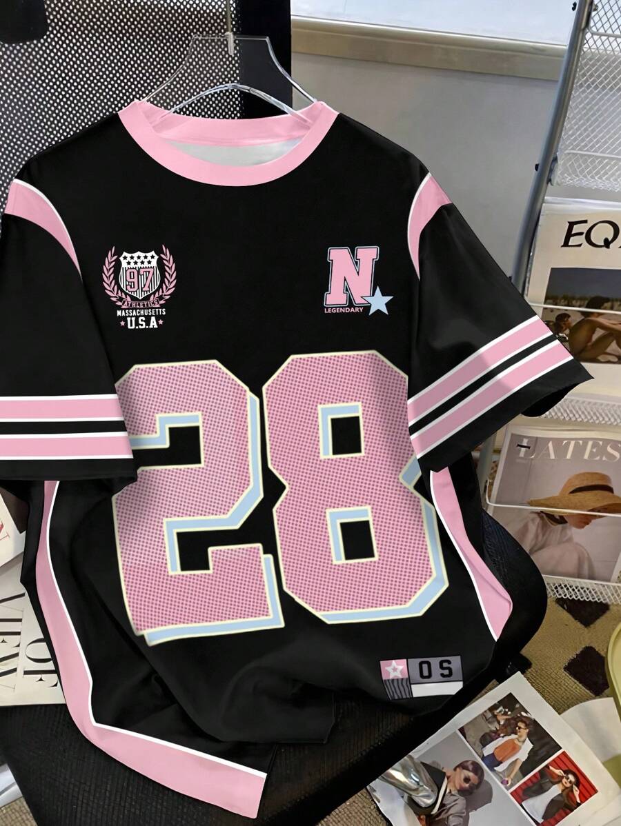 Manfinity Dauomo American Simple Casual Street Sense Retro Polka Dot Number Combination Letters Sports College Style Men'sT-Shirt - Multicolor - View 1