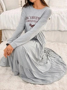 SHEIN Front & Center 休闲字母印花宽松长袖层叠式长款睡裙，秋季女士睡衣连衣裙家居服，冬季家居服连衣裙，宽松睡裙