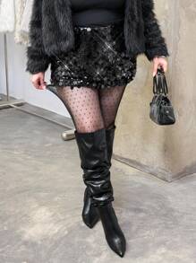 SHEIN EZwear 大码女式波尔卡圆点紧身裤、衣服、黑色薄网眼透视、女式长袜、时尚紧身裤、狂欢节服装、休闲日常服装、节日派对服装、冬季服装 - 黑色 - 查看 6