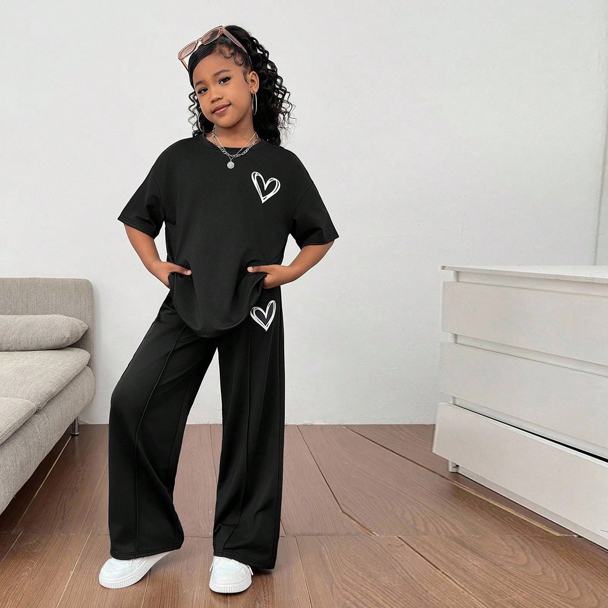 Conjunto informal de ropa de estar en casa para niña preadolescente, estilo de moda callejera, con sudadera holgada de cuello redondo, manga corta y