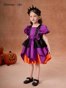 Glamorique Kids Váy biểu diễn tiệc tùng ngày lễ cho bé gái, váy hóa trang phù thủy với tông màu chủ đạo là tím và đen, tay bồng, chân váy nhiều lớp, lớp lót bằng vải satin màu cam bí ngô, váy công chúa cho tiệc tùng ngày lễ - Màu tím - Xem 4