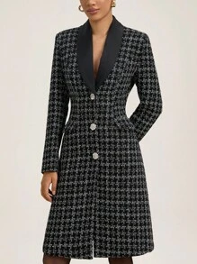 GENKIRA Vestido largo de mujer con manga larga, diseño de lujo con parches de satén, cuello negro, botones de metal dorado decorativos y estilo vintage para uso diario - Negro - Ver 2