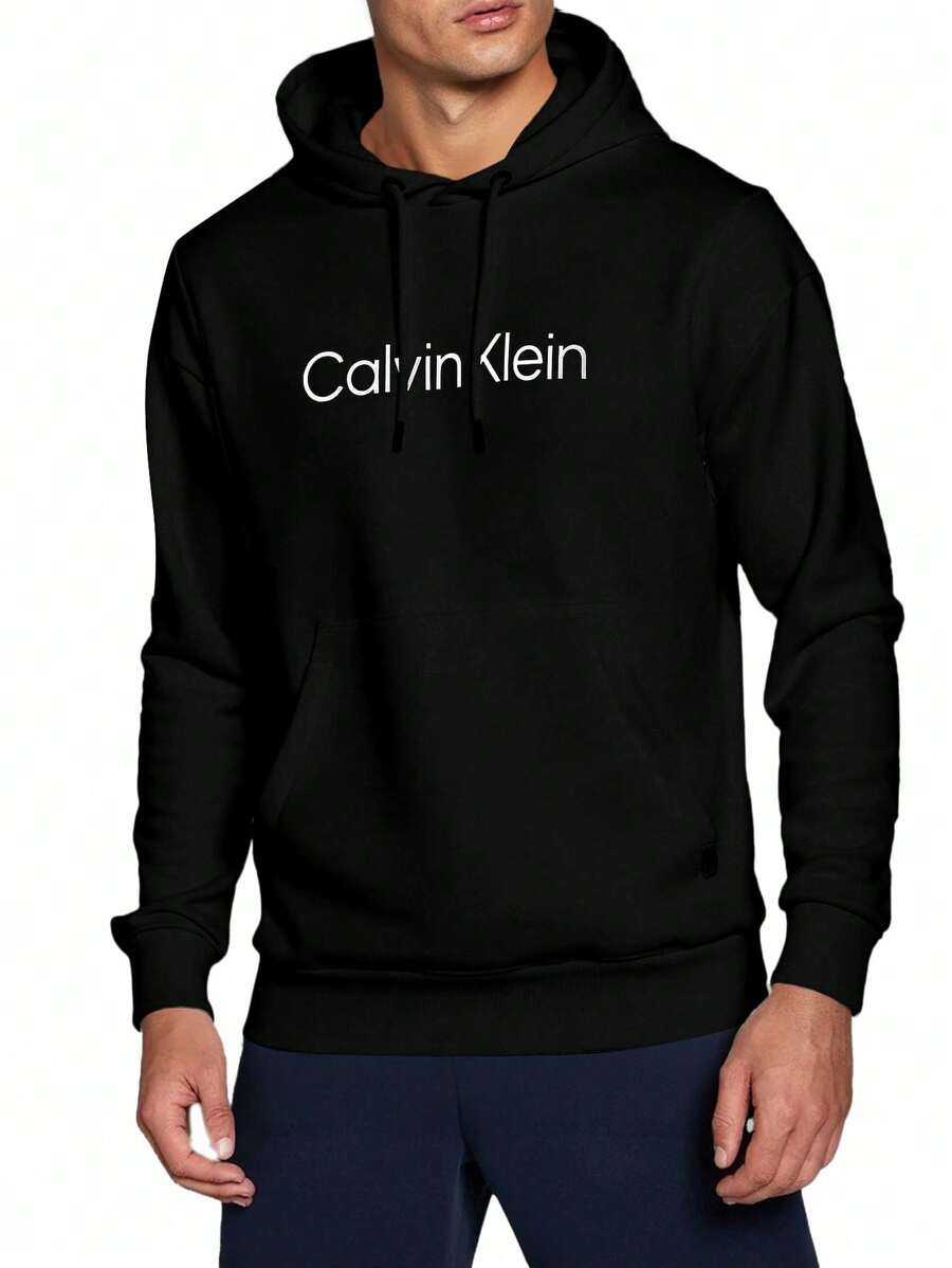 Calvin Klein Men's Drop Shoulder Long Sleeve Pocket Drawstring Hooded Sweatshirt - Black - View 1