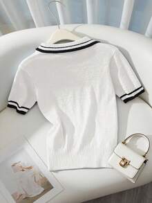 Franclia Áo khoác cardigan dệt kim đơn hàng ngày, tay ngắn, kẻ sọc dành cho nữ - trắng - Xem 2