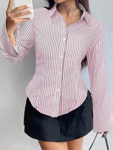Flirla 女式长袖单排扣休闲修身条纹衬衫 - 彩色 - 查看 6