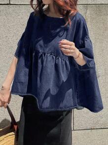 FRIFUL 女式牛仔荷叶边领蝙蝠袖不对称下摆宽松休闲百搭衬衫，适合度假和休闲 - 藍色 - 查看 3