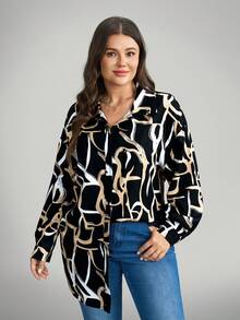 Comfylo 秋季休闲日常穿着，大码女式几何印花长袖衬衫，休闲宽松舒适长款，适合居家和度假，秋季，感恩节假期 - 彩色 - 查看 3