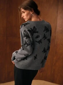 MOTF PREMIUM 蝴蝶图案长袖毛衣 - 灰色 - 查看 6
