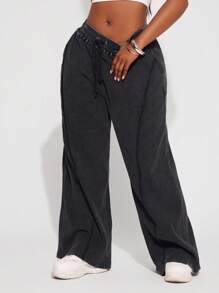SHEIN SXY Plus Size Women's Spring&Summer Daily Basic 95% Cotton Solid Plus Size Washed Distressed Elastic Waistband Drawstring Loose Wide-Leg Sweatpants,Suitable For Everyday Wear, Country Music Concert Oversized Pants Loose Pants Baggy Pants Wide Leg Pants Black Pants,Hip-Hop,Leisure,Street Style,Western Wear,Music Festival,Vintage,Minimalism,Concert,Carnival Party,Resort,Outing,Vacation,Date Night,Gathering,Birthday,Bachelorette Party,Gyaru,Break,Rave,Modest,Chic,Club,Cute,Casual,Shopping