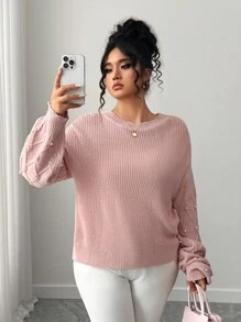Elenzga Plus Size Women's Beaded Crew Neck Sweater Winter Fall Autumn - Pink - View 3