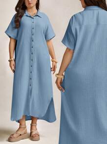 Zelara Mother'S Day Gift Navycore Outfits Apricot Crinkled Buttons Maxi Beach Navycore Dress With Slits Nautical Casual For Women Coastal Nautical Vacation Outfits Dress,Fall Dresses For Women - Baby Blue - View 10