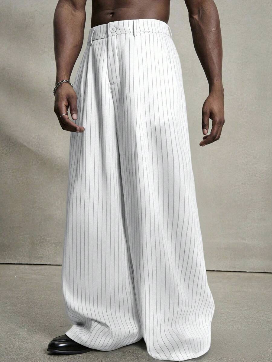 PAVTROS Quần ống rộng kẻ sọc thường ngày cho nam Quần kẻ sọc nam Quần ống rộng cho nam Quần xếp ly Quần kẻ sọc nam Quần âu nam, Mùa thu - trắng - Xem 1