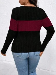 EMERY ROSE Plus Size Contrast Color Round Neck Ribbed Long Sleeve Casual T-Shirt Graphic Tees Women Tops For Spring Fall - Multicolor - View 2