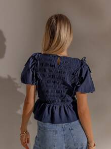 Aralina 秋冬褶皱细节背心，可拆卸泡泡袖，蝴蝶结细节娃娃装，斯德哥尔摩风格 Y2K 可爱上衣 - 藏蓝色 - 查看 2