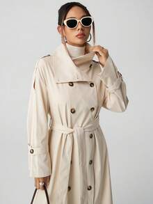 SHEIN ICON 女士中长款高领优雅通勤风衣秋冬 - 卡其色 - 查看 6