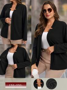EMERY ROSE Plus Size Women's Solid Color Long Sleeve Open Front Casual Blazer,,Going Out,Office Wear Fal,Spring - Black - View 1