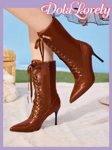 Dola Lovely Fashionable Women's Pointed Toe High Heel Boots, Sexy Pink Shaft Boots, Warm & Fluffy - Brown - View 3