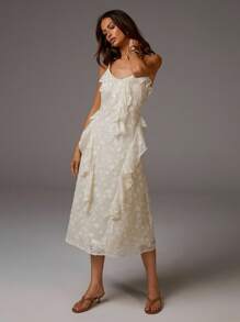 Athîral Women's Elegant Solid Color Textured Ruffle Hem Sleeveless Midi Dress, Summer White Dress Ruffle Dress Organza Dress White Silk Dress Floral Dress - Apricot - View 5