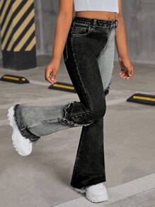 SHEIN Quần dài denim túi cài nút phía trước đơn giản cho bé gái tuổi mới lớn - màu đen - Xem 3