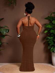 Slaydiva Plus Size Casual Sexy Fitted Halter Tie Backless Women Sweater Dress - Rust Brown - View 2